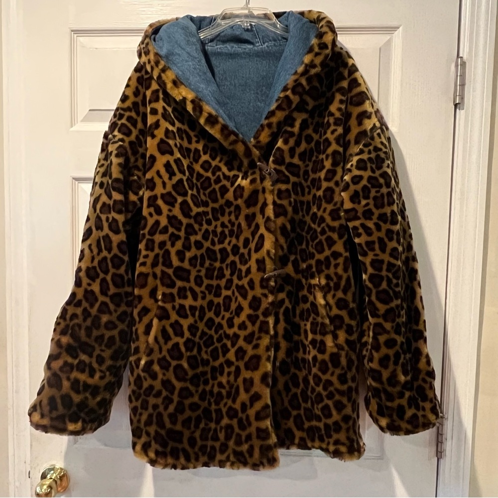 Vintage Leopard Faux Fur & Denim Hooded Reversible Coat